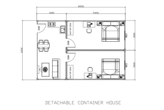 Box-Raum Modulärer Stahlrahmen Containerhaus 3 Schlafzimmer mit Küche und Wohnzimmer
